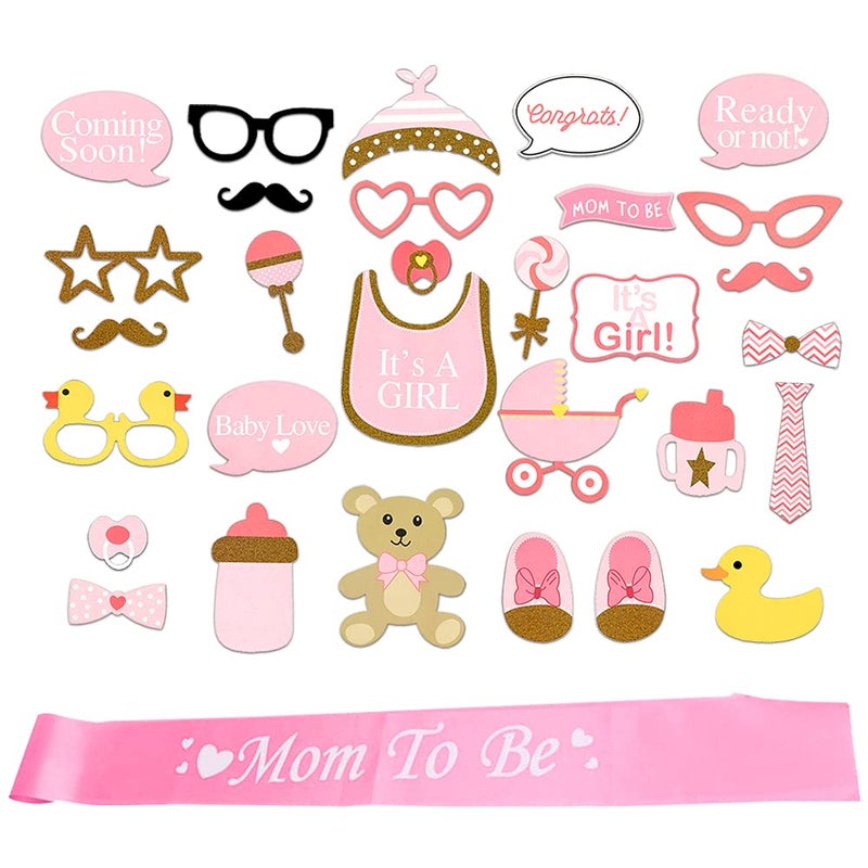 BIEAEIA Baby Shower Birthday Party Photo Booth Props Girl Pink Lovely Party Favor Supplies, 29 Pack - Image 1